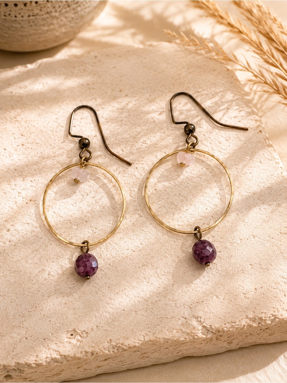 ✨ Rose Quartz Purple Gemstone Hoop Earrings Gold Tone Dangle Boho Minimalist ✨